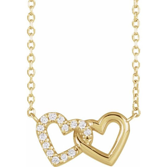 14K Yellow Gold Or Sterling Silver Round 1Mm I1, G-H 16-18 In Polished .05 Ctw Natural Diamond Petite Double Interlocking Heart Necklace