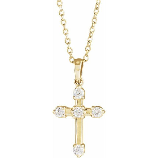 14K Yellow Gold Round 2Mm I1, G-H 16-18 In Polished 1/6 Ctw Natural Diamond Cross Necklace