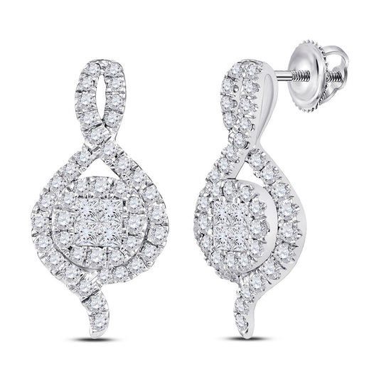 14K White Gold Womens Princess Round Diamond Cluster Earrings 1/2 Cttw