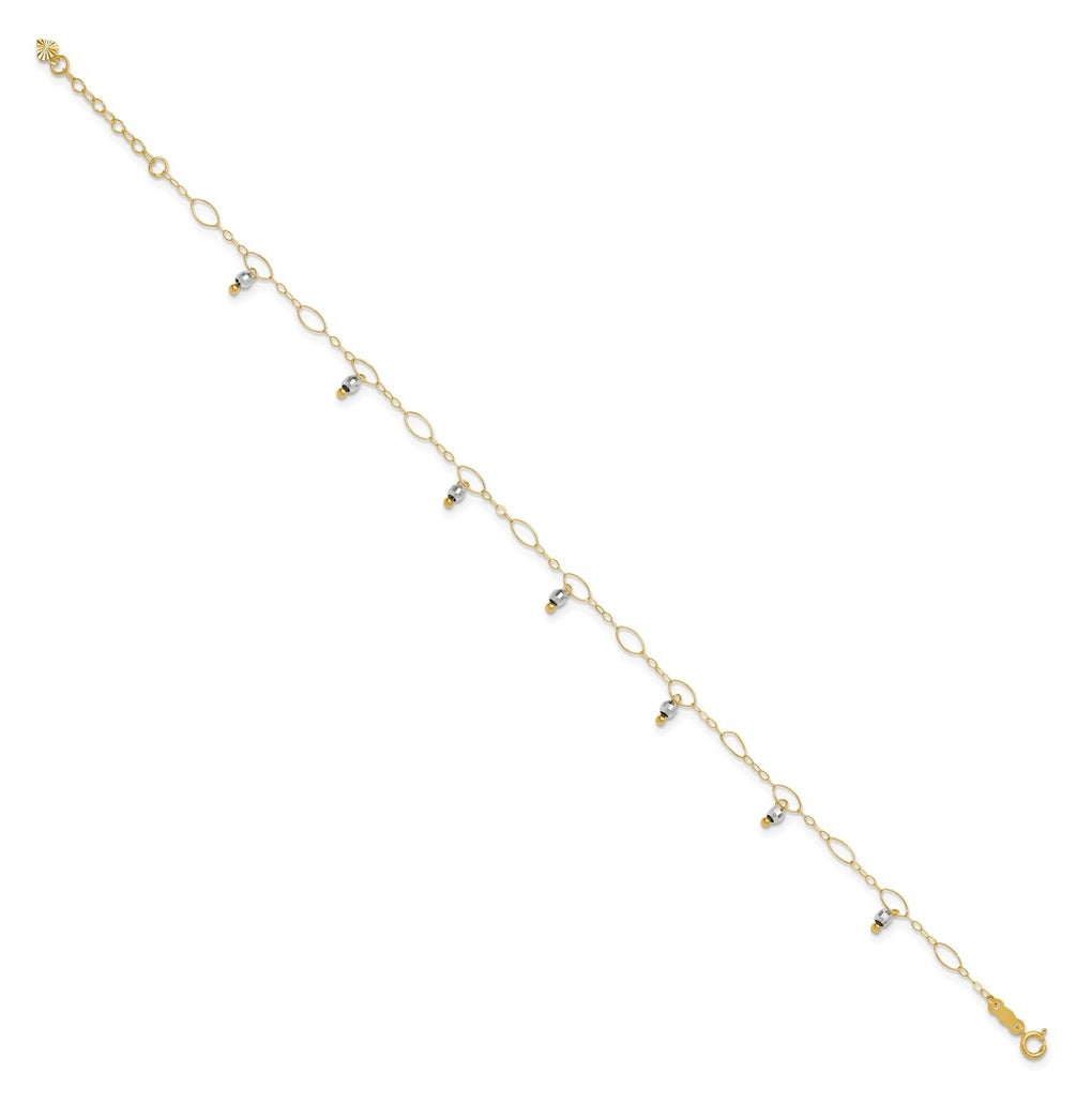 14K Two-Tone Gold Mirror Beaded 9in Plus 1in ext. Anklet – Elegant Jewelry Gift for Birthday, Anniversary, Engagement, Wedding