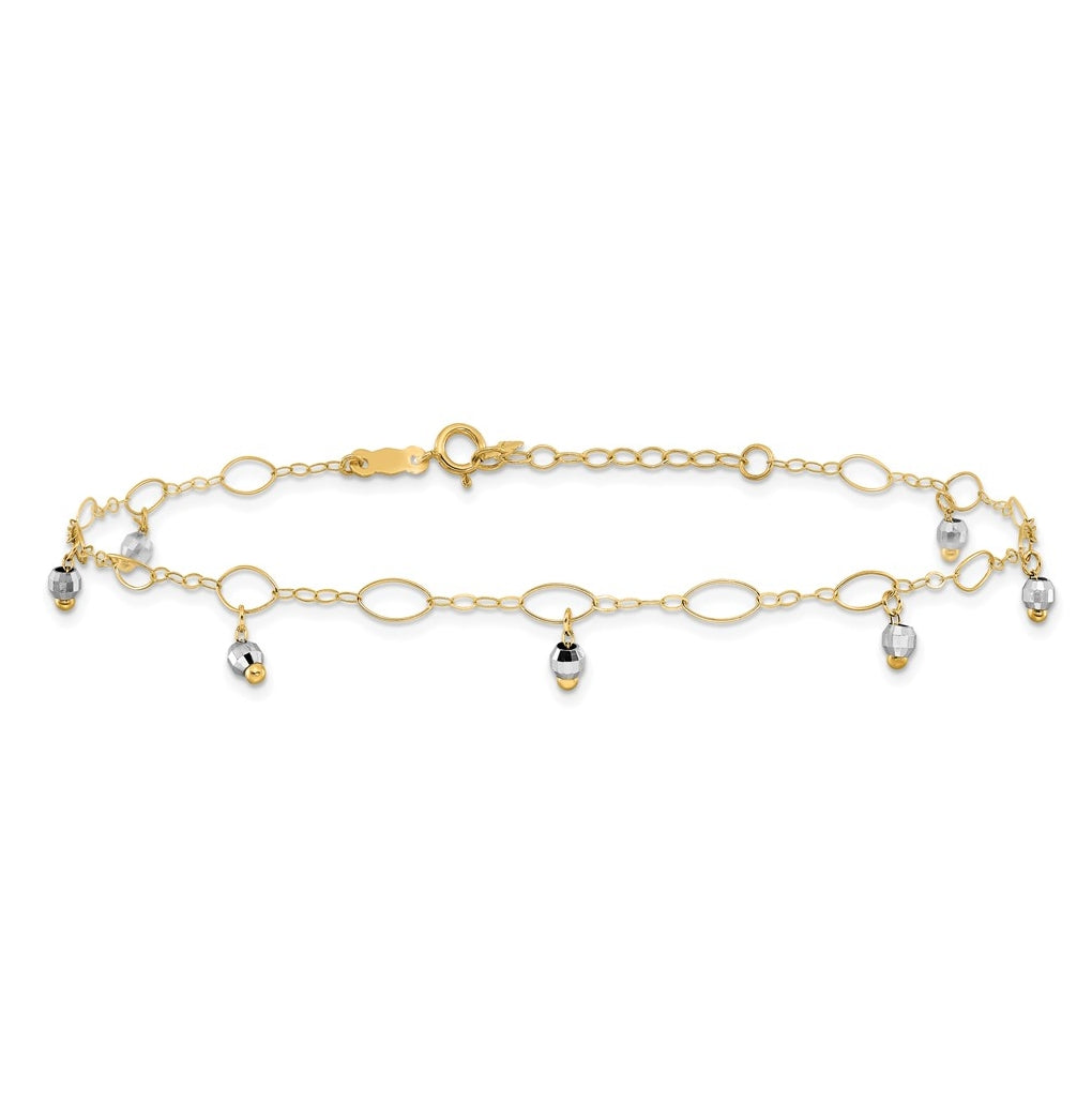 14K Two-Tone Gold Mirror Beaded 9in Plus 1in ext. Anklet – Elegant Jewelry Gift for Birthday, Anniversary, Engagement, Wedding