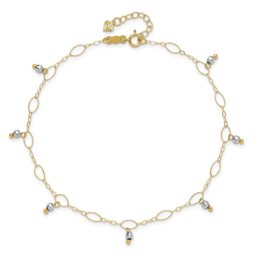 14K Two-Tone Gold Mirror Beaded 9in Plus 1in ext. Anklet – Elegant Jewelry Gift for Birthday, Anniversary, Engagement, Wedding