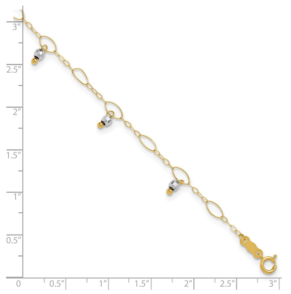 14K Two-Tone Gold Mirror Beaded 9in Plus 1in ext. Anklet – Elegant Jewelry Gift for Birthday, Anniversary, Engagement, Wedding