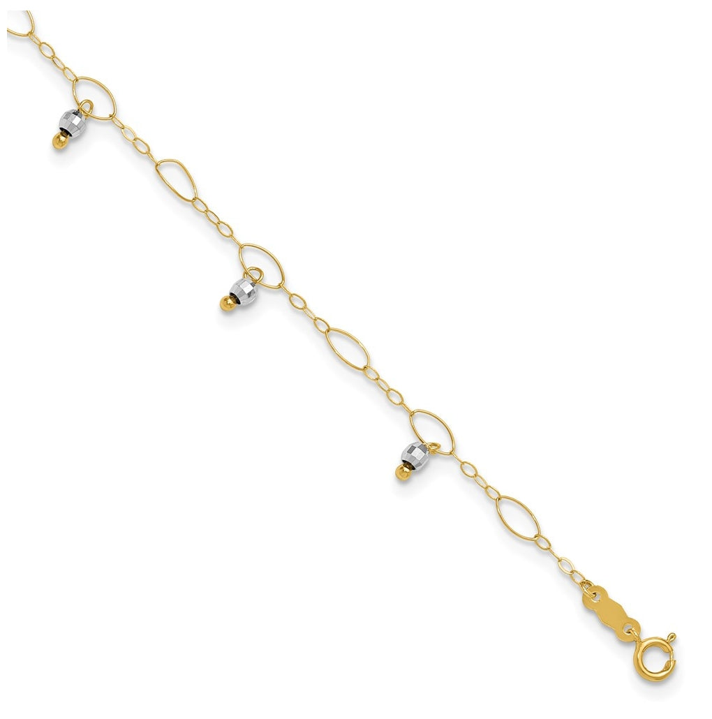 14K Two-Tone Gold Mirror Beaded 9in Plus 1in ext. Anklet – Elegant Jewelry Gift for Birthday, Anniversary, Engagement, Wedding