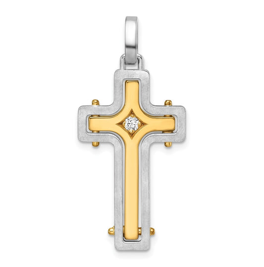 14K Two-tone IBGoodman Brush & Polish Lab Grown Dia. Cross Pendant