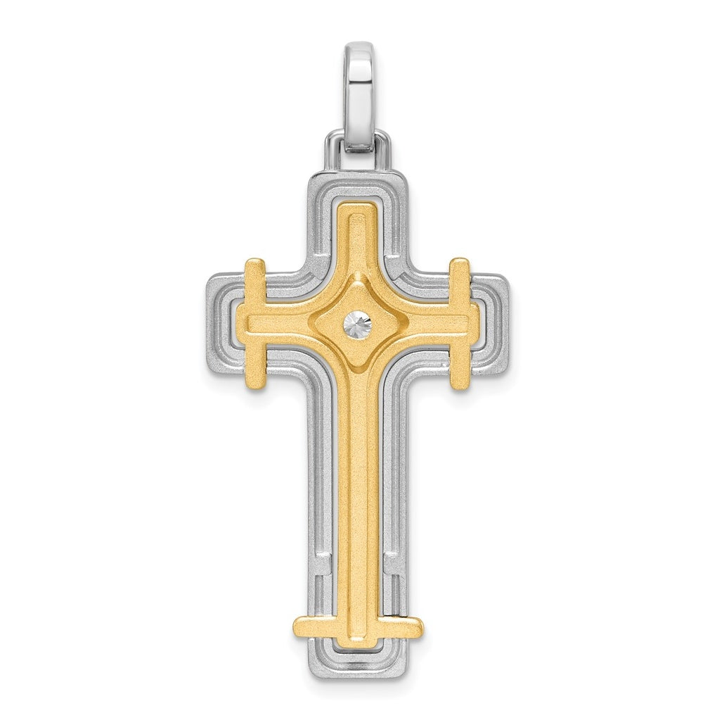 14K Two-tone IBGoodman Brush & Polish Lab Grown Dia. Cross Pendant