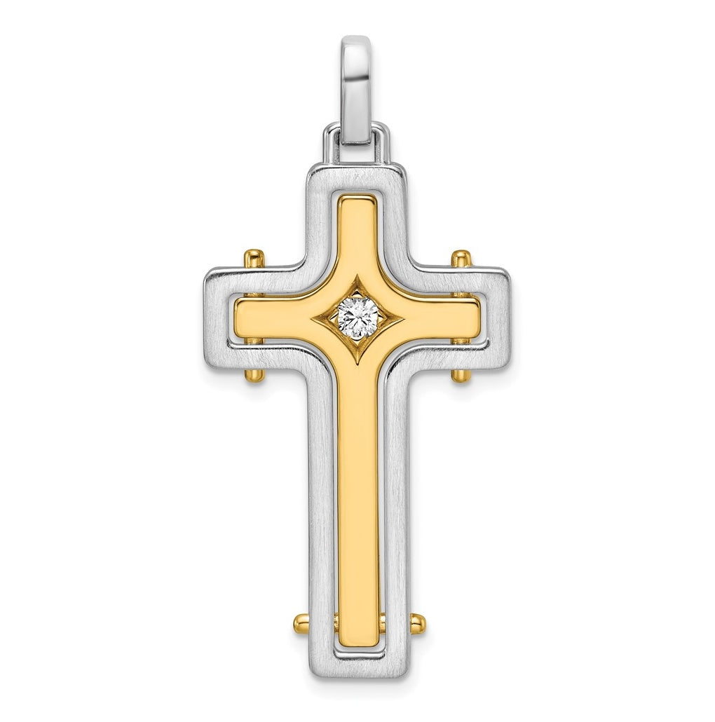 14K Two-tone IBGoodman Brush & Polish Lab Grown Dia. Cross Pendant