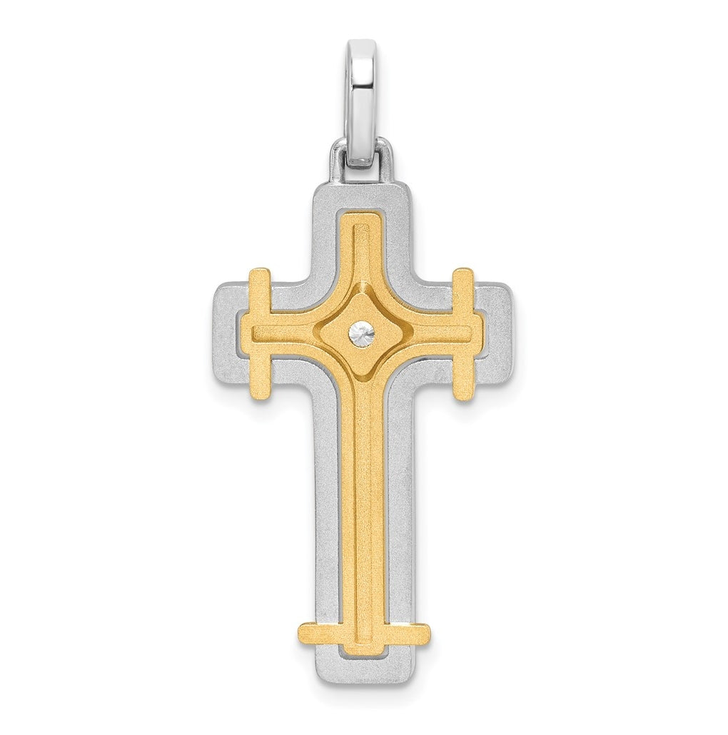 14K Two-tone IBGoodman Brush & Polish Lab Grown Dia. Cross Pendant