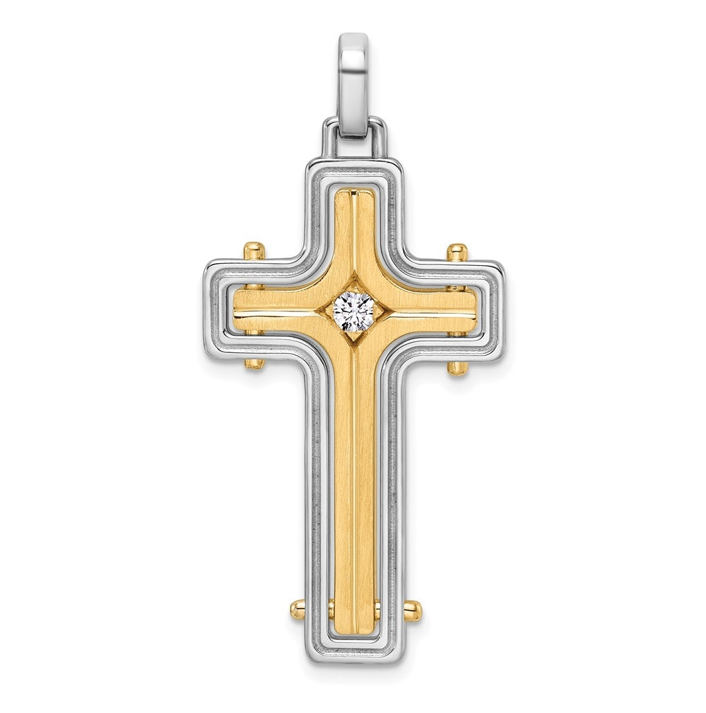 14K Two-tone IBGoodman Brush & Polish Lab Grown Dia. Cross Pendant
