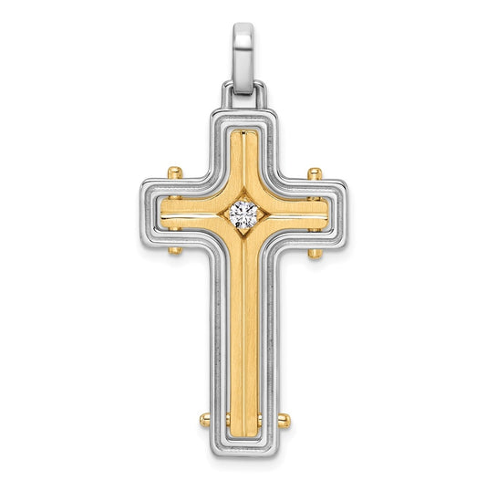 14K Two-tone IBGoodman Brush & Polish Lab Grown Dia. Cross Pendant