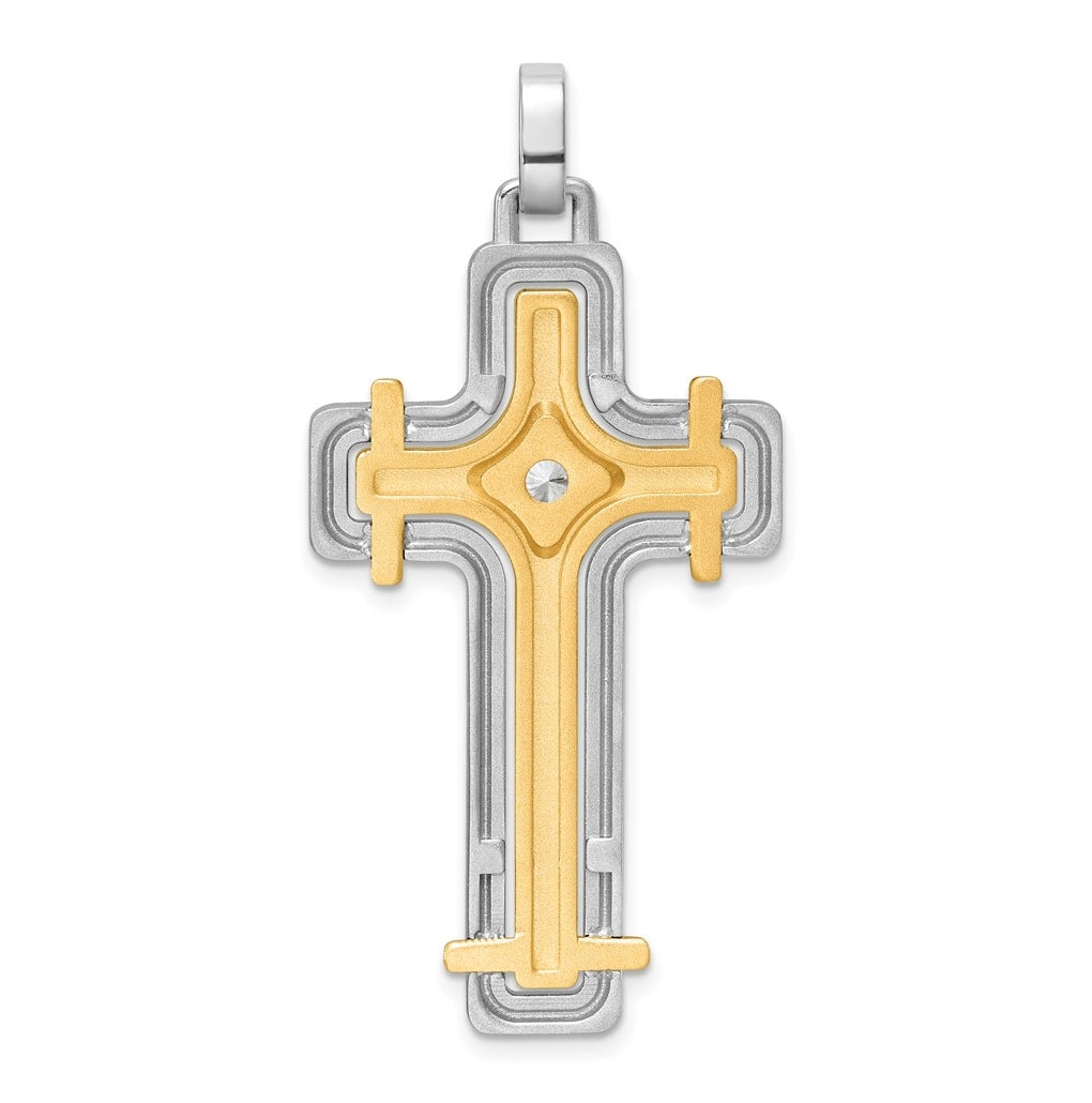 14K Two-tone IBGoodman Brush & Polish Lab Grown Dia. Cross Pendant