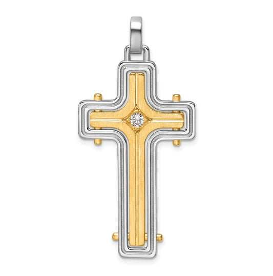 14K Two-tone IBGoodman Brush & Polish Lab Grown Dia. Cross Pendant