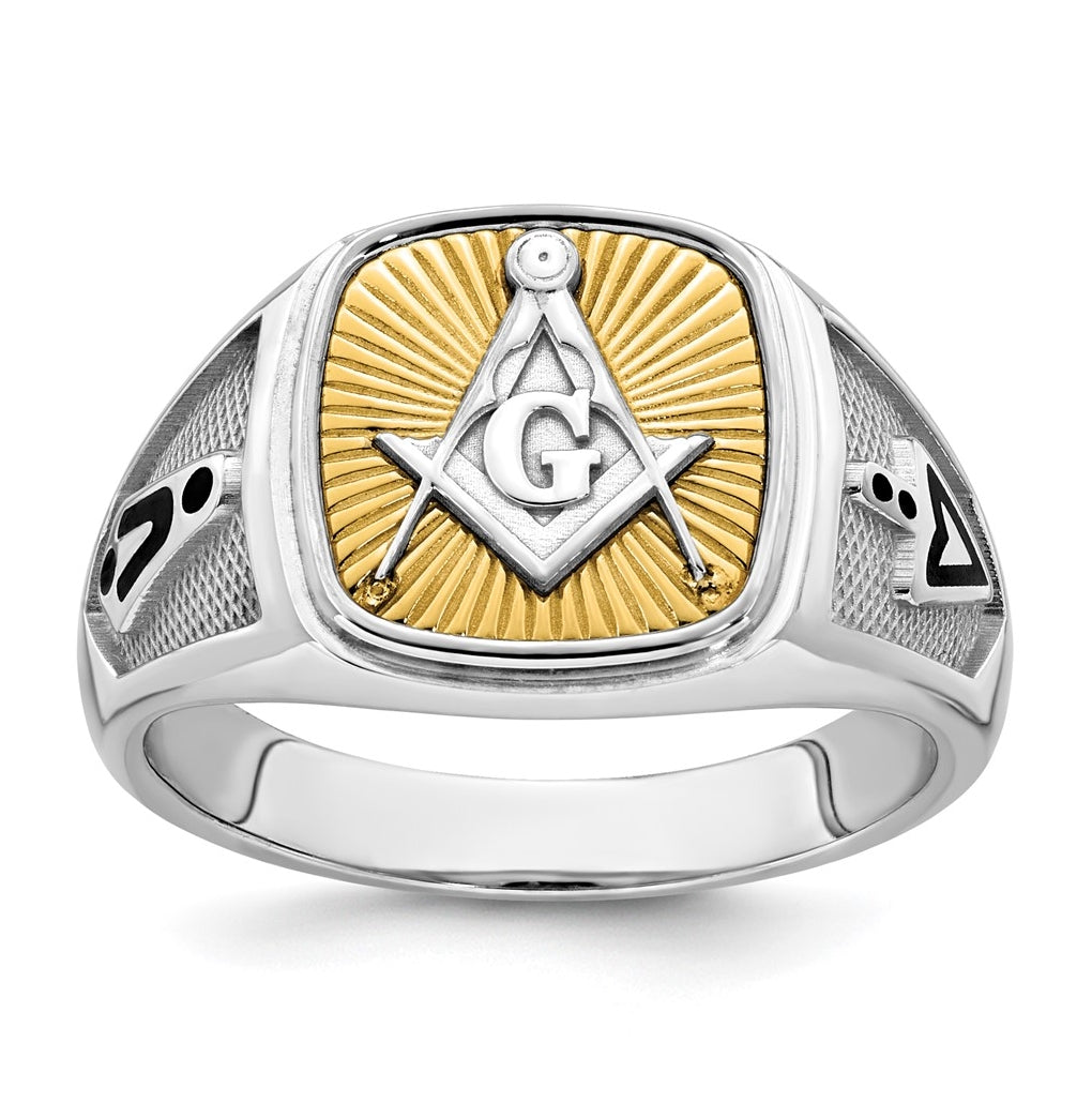 14K Two-tone IBGoodman Men's Black Enamel Masonic Compass Ring