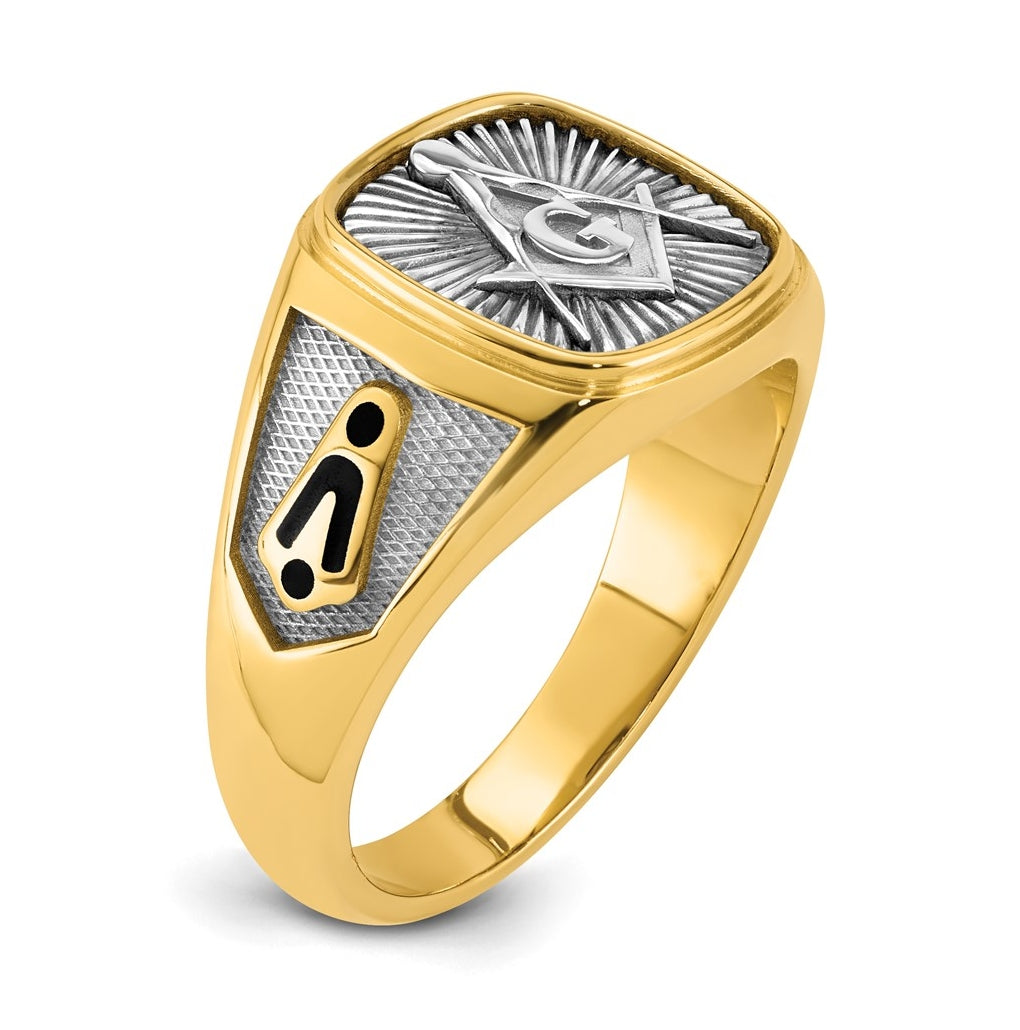 14K Two-tone IBGoodman Men's Black Enamel Masonic Compass Ring
