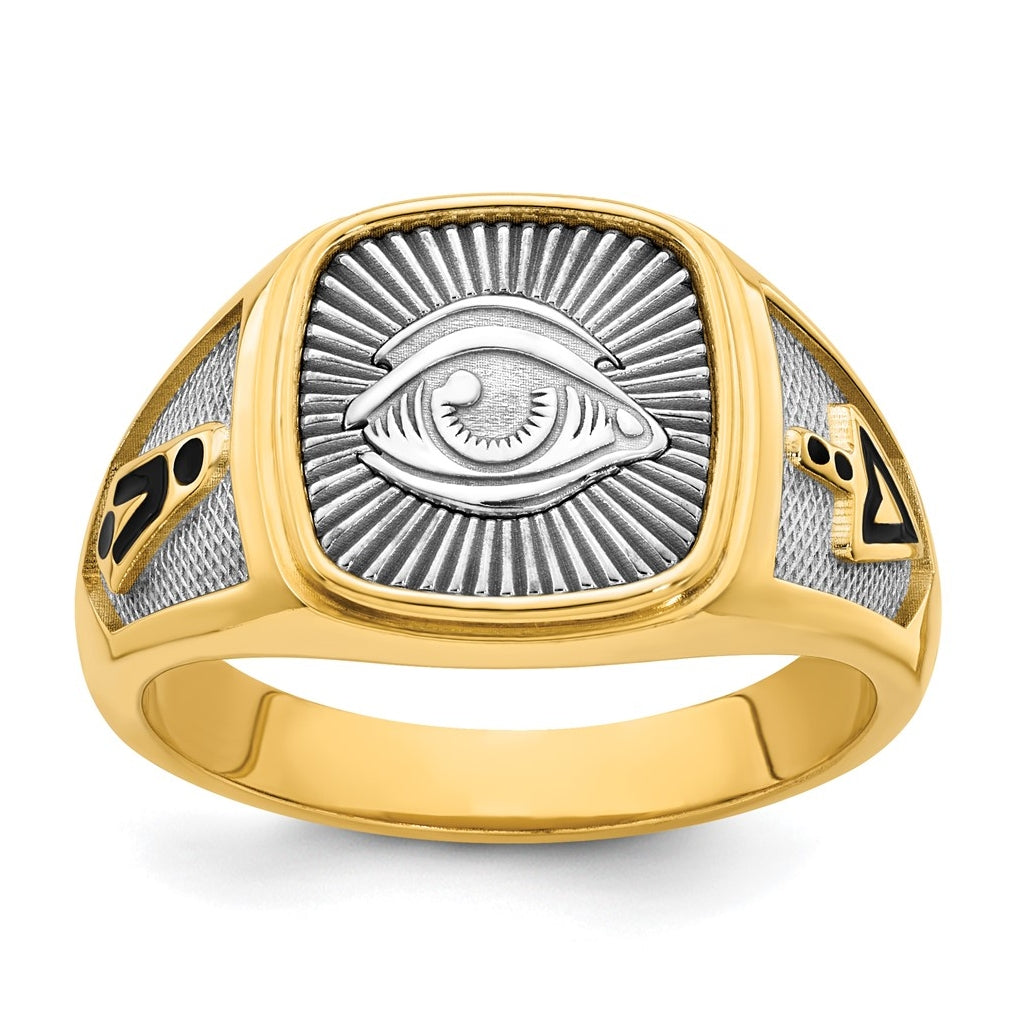 14K Two-tone IBGoodman Men's Black Enamel Masonic Eye Ring