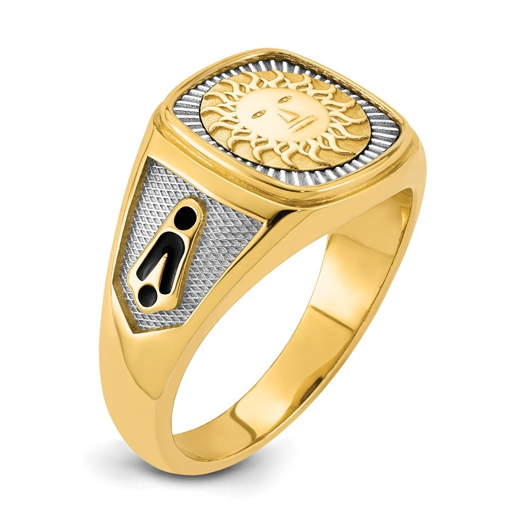 14K Two-tone IBGoodman Men's Black Enamel Sun Masonic Ring