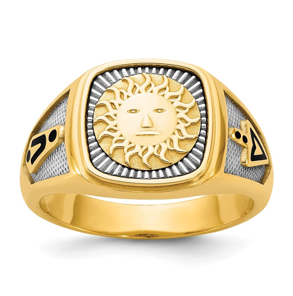 14K Two-tone IBGoodman Men's Black Enamel Sun Masonic Ring