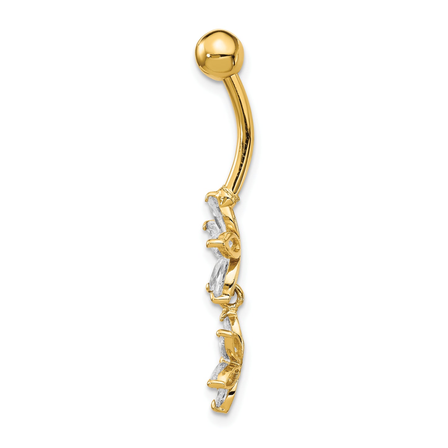 14K Yellow Gold 14 Gauge Cubic Zirconia 2-Flower Dangle Belly Ring