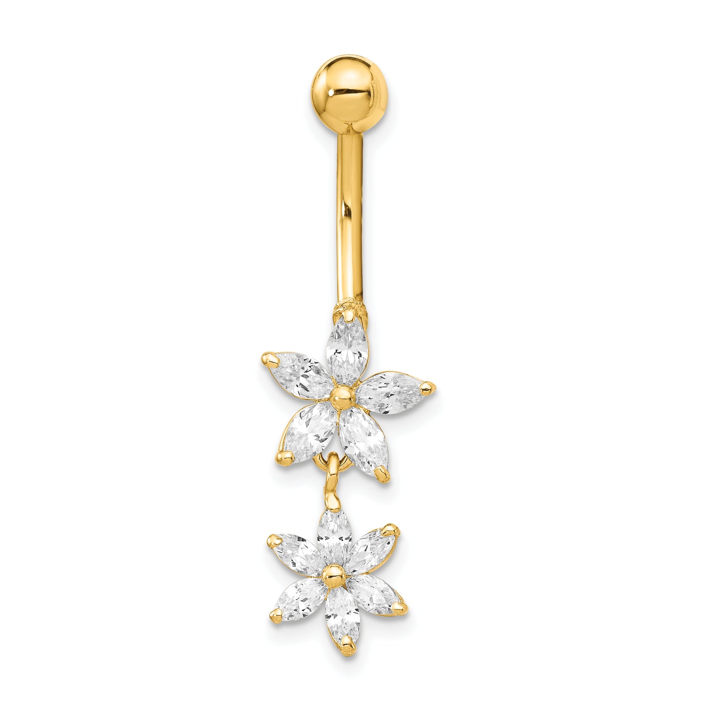 14K Yellow Gold 14 Gauge Cubic Zirconia 2-Flower Dangle Belly Ring