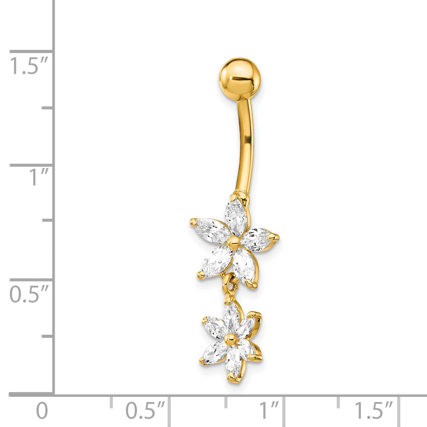 14K Yellow Gold 14 Gauge Cubic Zirconia 2-Flower Dangle Belly Ring