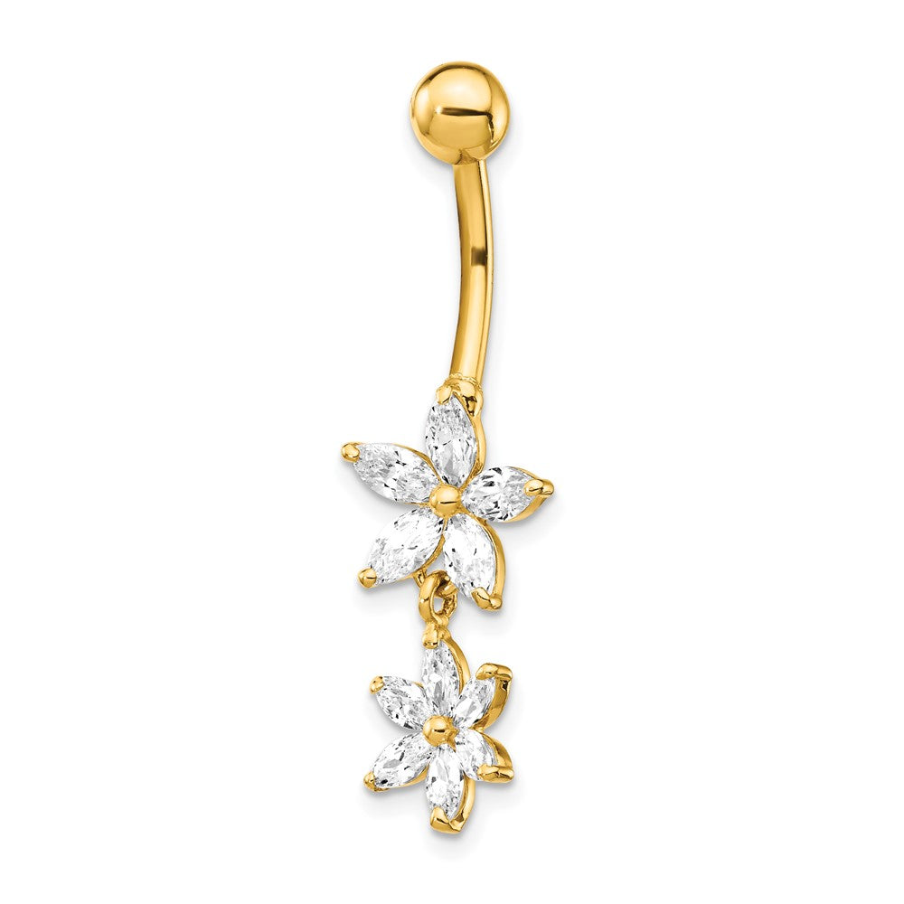 14K Yellow Gold 14 Gauge Cubic Zirconia 2-Flower Dangle Belly Ring