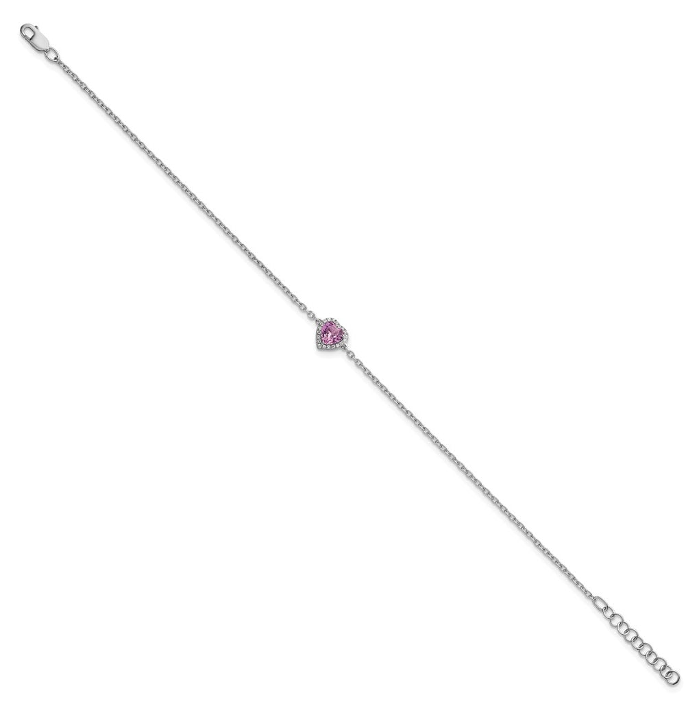 14k White Gold 1/20 carat Lab Grown Diamond VS+ F+ and Natural Pink Sapphire with 1 inch extension Complete Halo Heart Fashion Link Bracelet