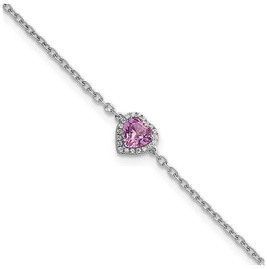 14k White Gold 1/20 carat Lab Grown Diamond VS+ F+ and Natural Pink Sapphire with 1 inch extension Complete Halo Heart Fashion Link Bracelet