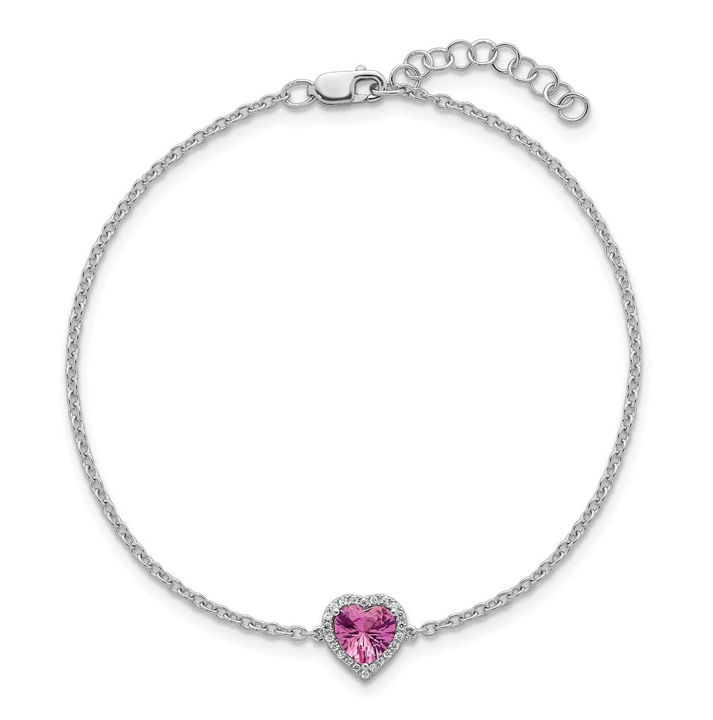 14k White Gold 1/15 carat Lab Grown Diamond VS+ F+ and Natural Pink Sapphire with 1 inch extension Complete Halo Heart Fashion Link Bracelet