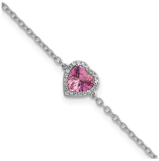 14k White Gold 1/15 carat Lab Grown Diamond VS+ F+ and Natural Pink Sapphire with 1 inch extension Complete Halo Heart Fashion Link Bracelet
