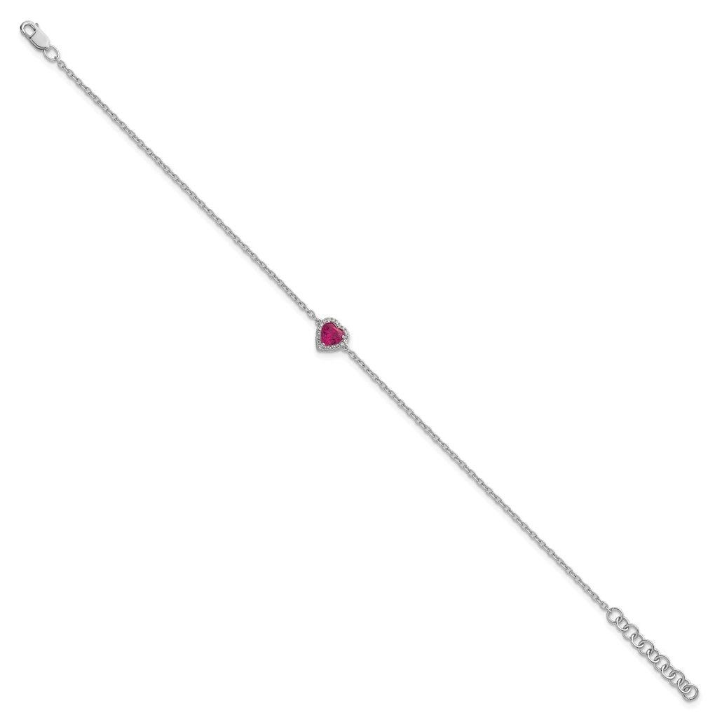 14k White Gold 1/20 carat Lab Grown Diamond VS+ F+ and Natural Ruby with 1 inch extension Complete Halo Heart Fashion Link Bracelet