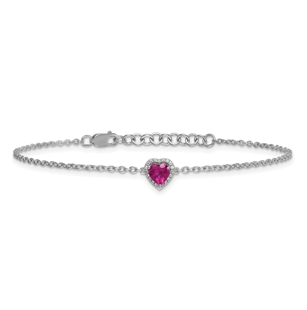 14k White Gold 1/20 carat Lab Grown Diamond VS+ F+ and Natural Ruby with 1 inch extension Complete Halo Heart Fashion Link Bracelet
