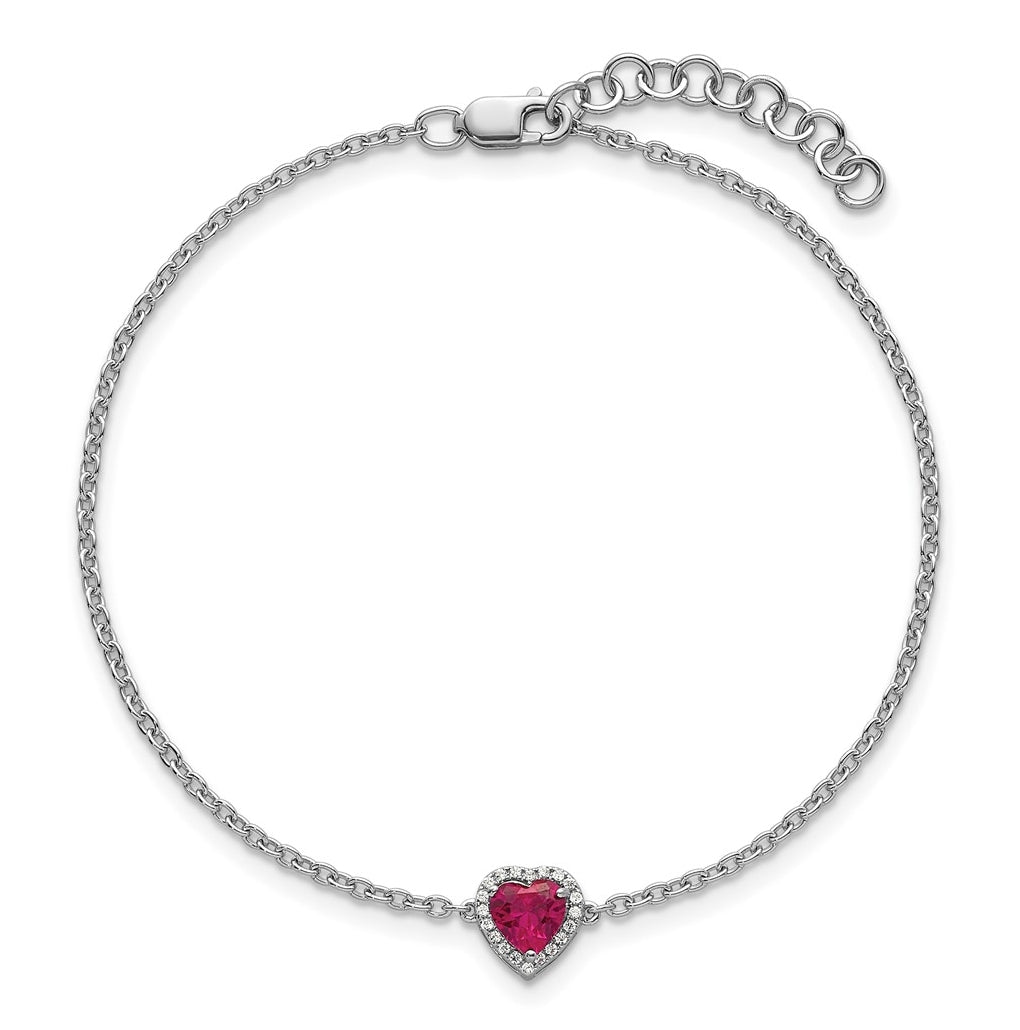 14k White Gold 1/20 carat Lab Grown Diamond VS+ F+ and Natural Ruby with 1 inch extension Complete Halo Heart Fashion Link Bracelet