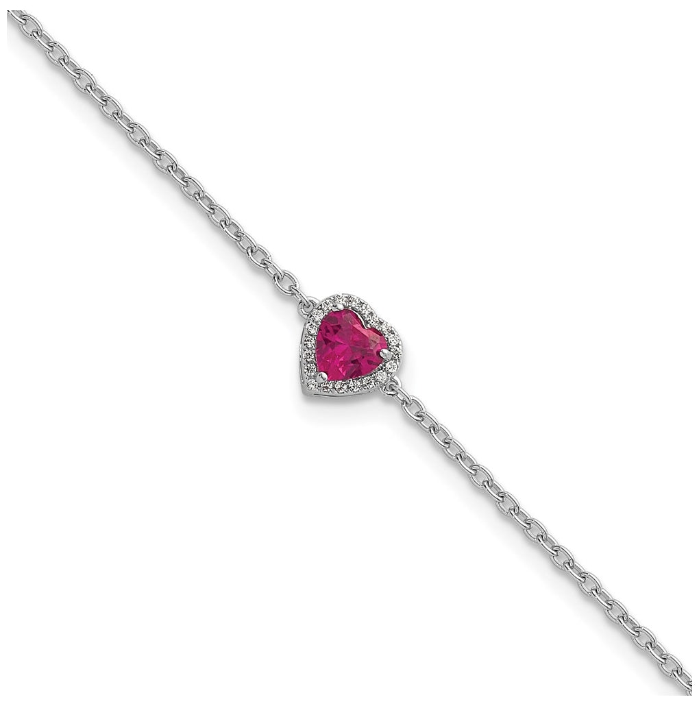 14k White Gold 1/20 carat Lab Grown Diamond VS+ F+ and Natural Ruby with 1 inch extension Complete Halo Heart Fashion Link Bracelet