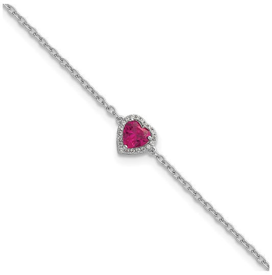 14k White Gold 1/20 carat Lab Grown Diamond VS+ F+ and Natural Ruby with 1 inch extension Complete Halo Heart Fashion Link Bracelet