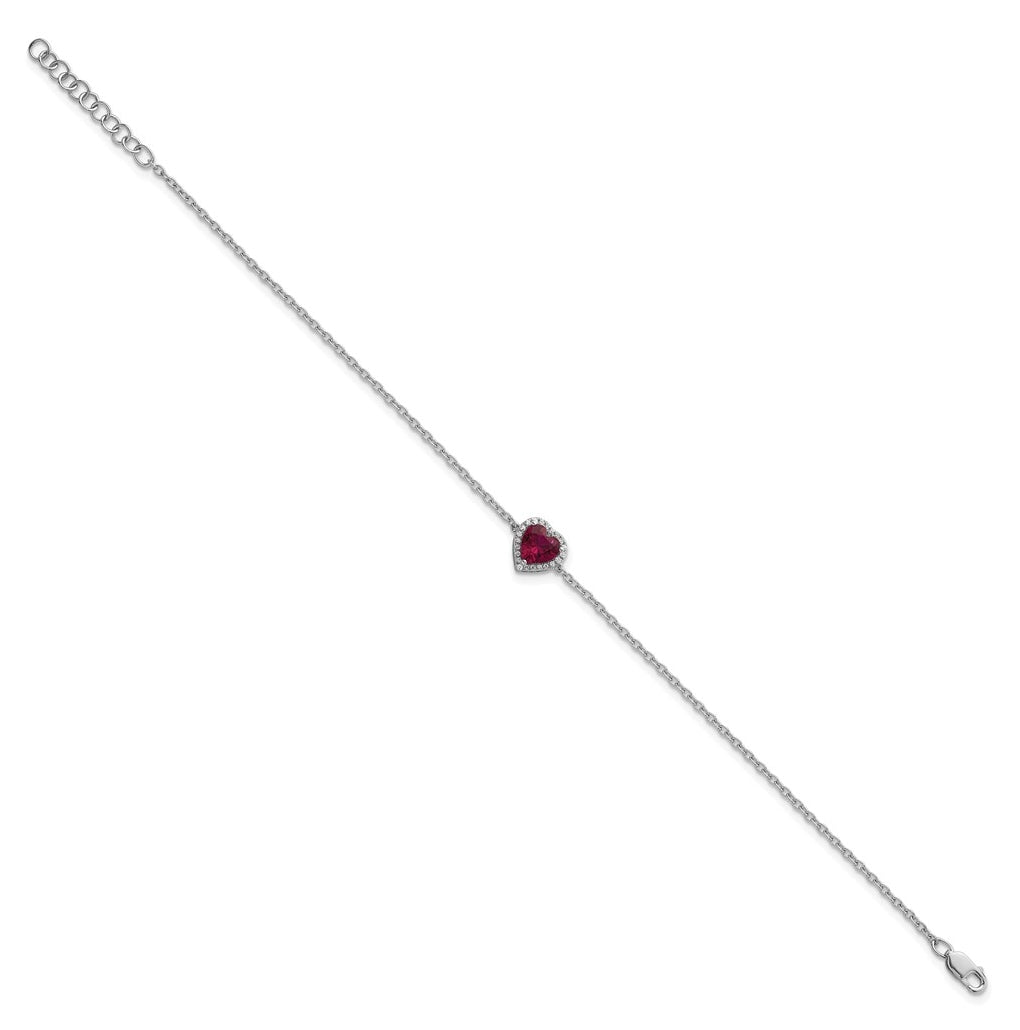 14k White Gold 1/15 carat Lab Grown Diamond VS+ F+ and Natural Ruby with 1 inch extension Complete Halo Heart Fashion Link Bracelet