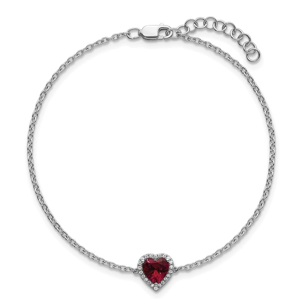 14k White Gold 1/15 carat Lab Grown Diamond VS+ F+ and Natural Ruby with 1 inch extension Complete Halo Heart Fashion Link Bracelet