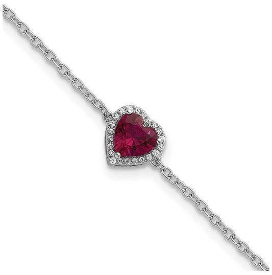 14k White Gold 1/15 carat Lab Grown Diamond VS+ F+ and Natural Ruby with 1 inch extension Complete Halo Heart Fashion Link Bracelet