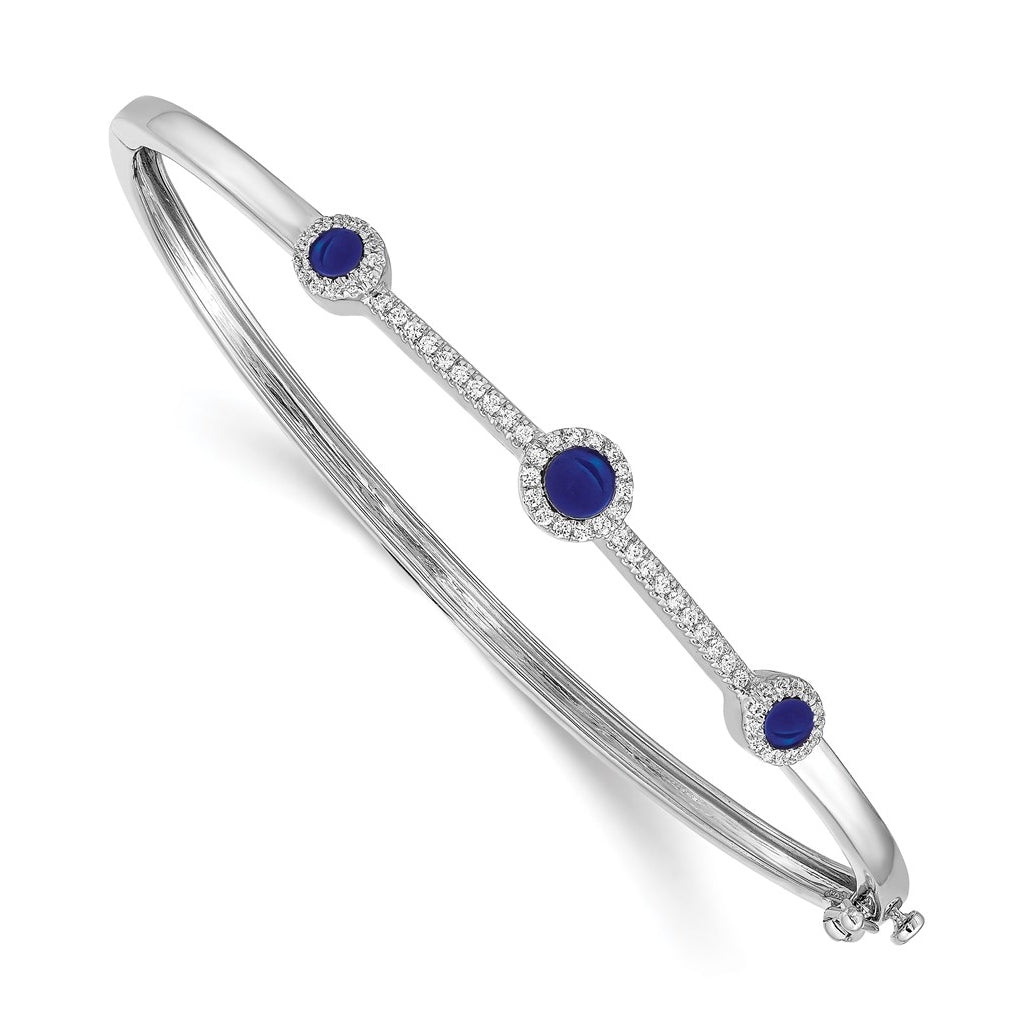 14k White Gold Diamond and Cabochon Sapphire Bangle – Elegant Jewelry Gift for Birthday, Anniversary, Engagement, Wedding