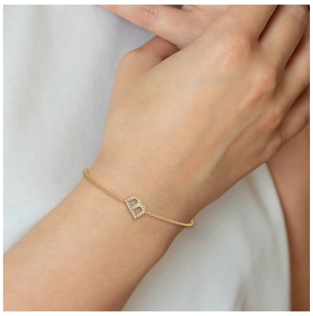 14K Yellow Or White Gold Diamond Sideways Letter w/ 1in ext. Bracelet