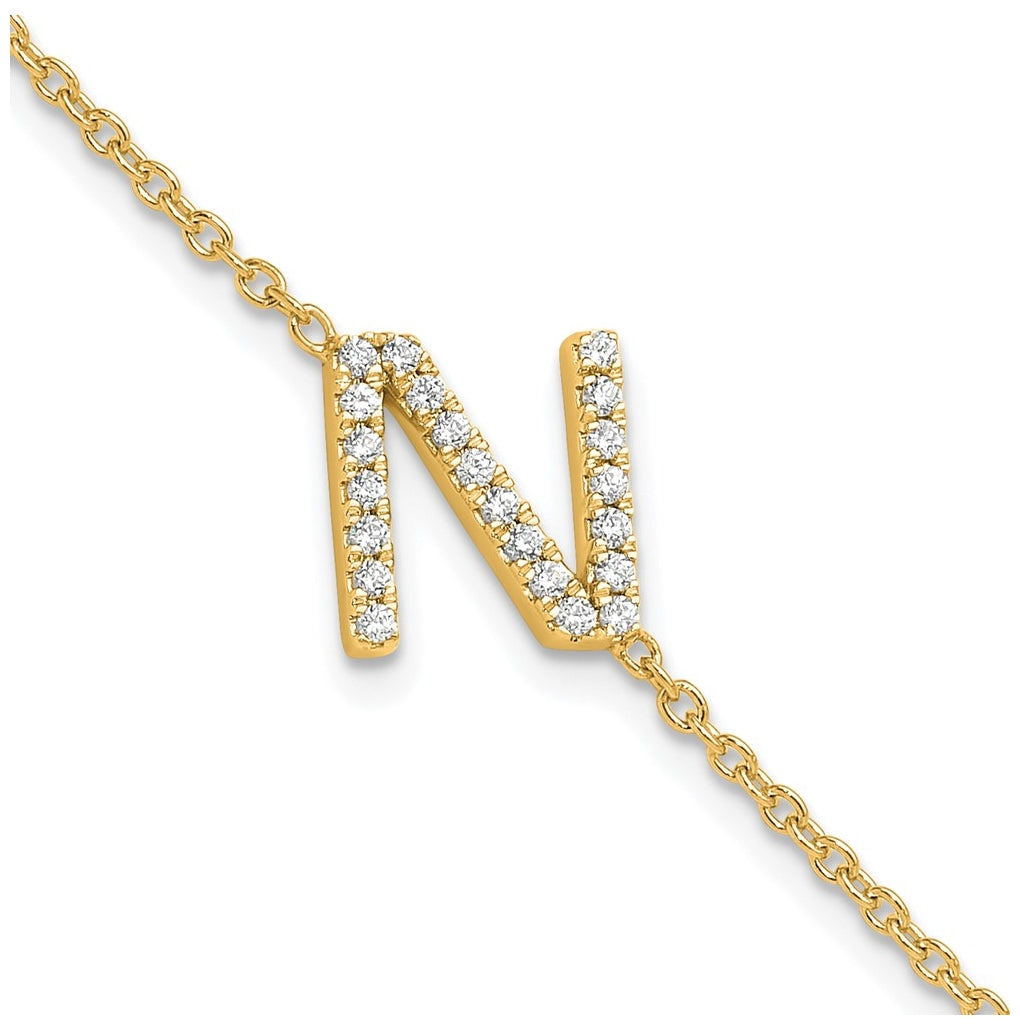 14K Yellow Or White Gold Diamond Sideways Letter w/ 1in ext. Bracelet