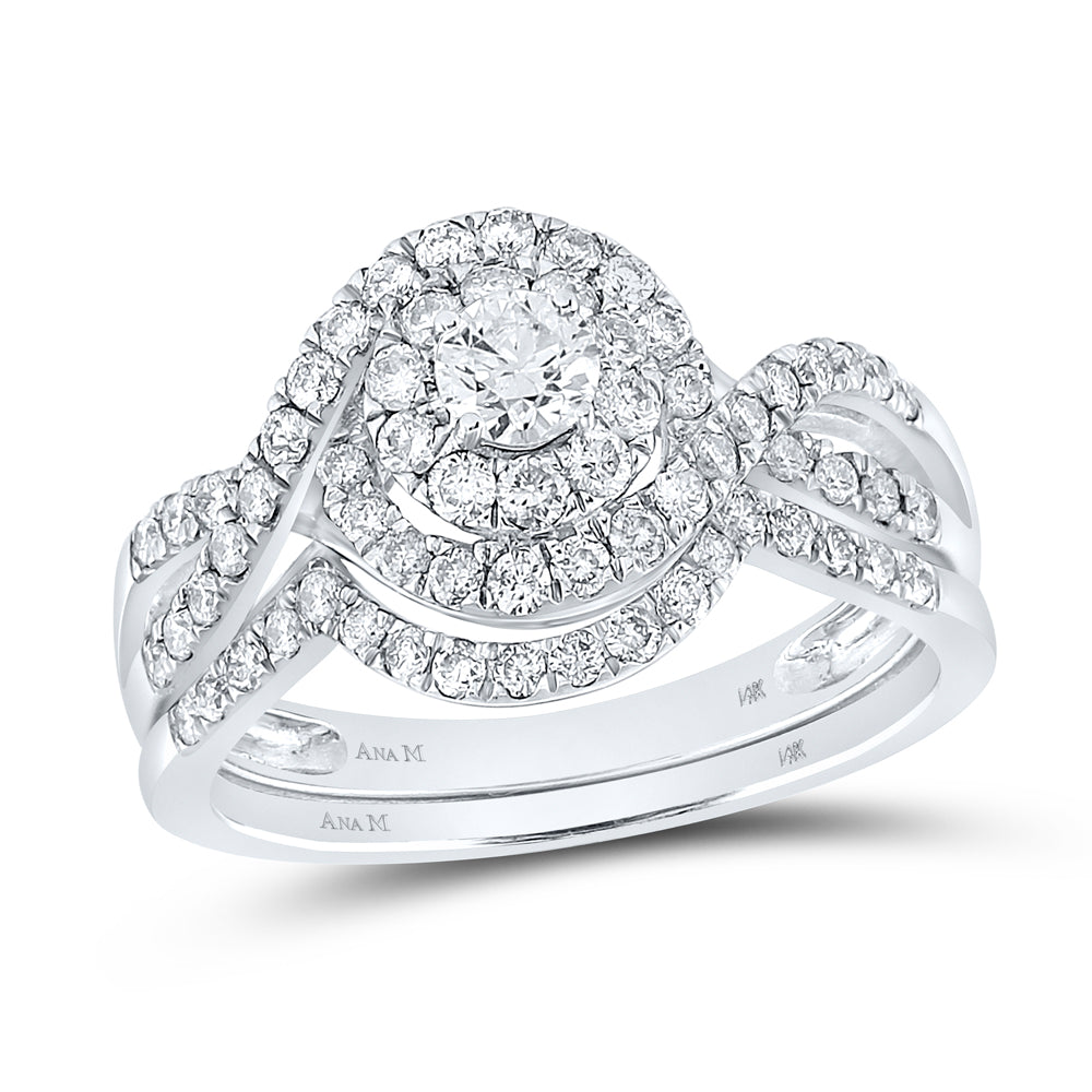 14K White Gold Round Diamond Swirl Halo Bridal Wedding Ring Band Set 1 Cttw, Womens Size: 5-10