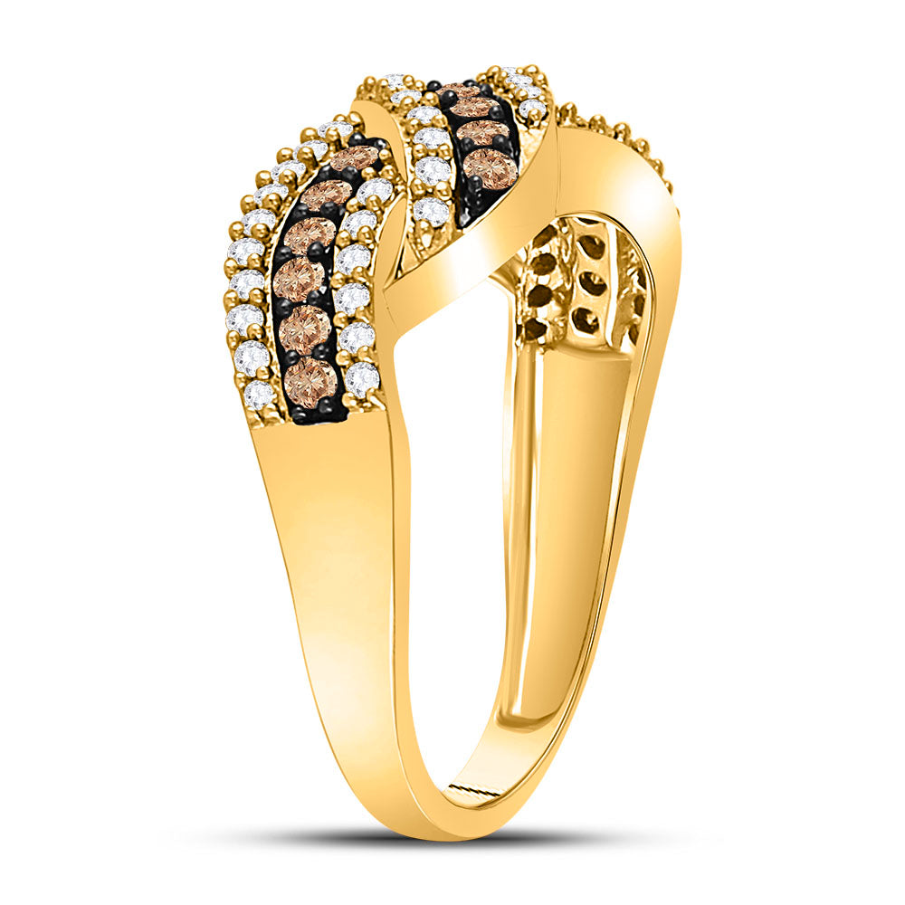10K Yellow Gold Womens Round Brown Diamond Crossover Band Ring 3/4 Cttw, Womens Size: 5-10