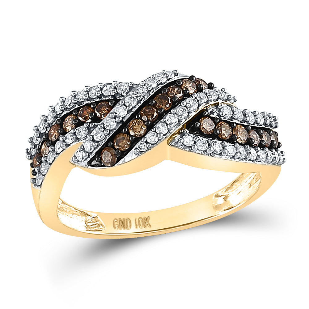 10K Yellow Gold Womens Round Brown Diamond Crossover Band Ring 3/4 Cttw, Womens Size: 5-10