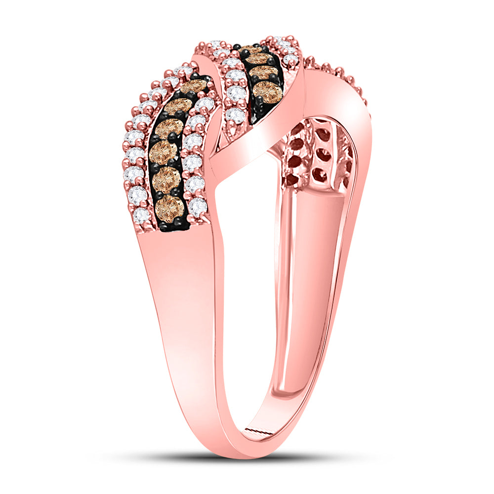 10K Rose Gold Womens Round Brown Diamond Crossover Band Ring 3/4 Cttw, Womens Size: 5-10