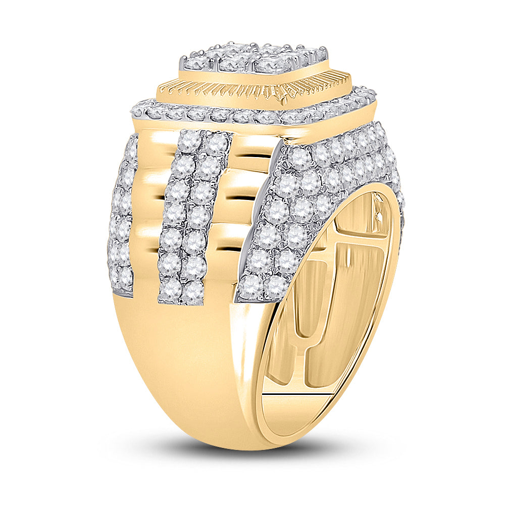 14K Yellow Gold Mens Round Diamond Ribbed Square Cluster Ring 5 Cttw, Mens Size: 7-13