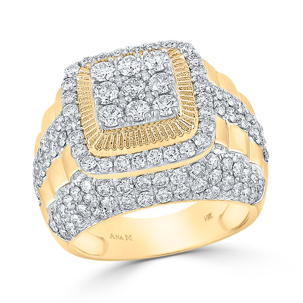 14K Yellow Gold Mens Round Diamond Ribbed Square Cluster Ring 5 Cttw, Mens Size: 7-13