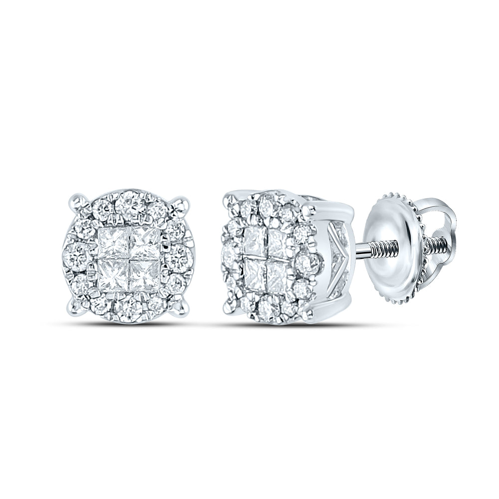 14K White Gold Womens Princess Diamond Cluster Earrings 1/2 Cttw, Length: 0.35 In, Width: 0.35 In