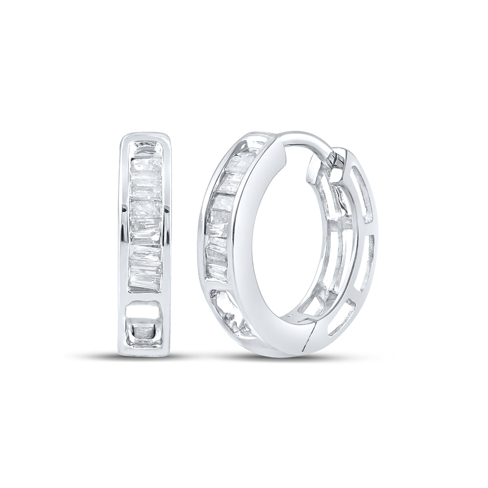 10K White Or Yellow Gold Womens Baguette Diamond Huggie Hoop Earrings