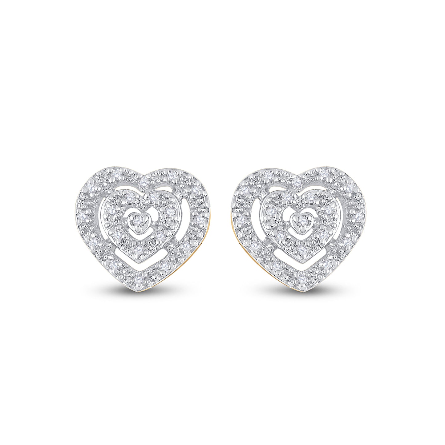 10K Yellow Gold Womens Round Diamond Heart Earrings 1/12 Cttw