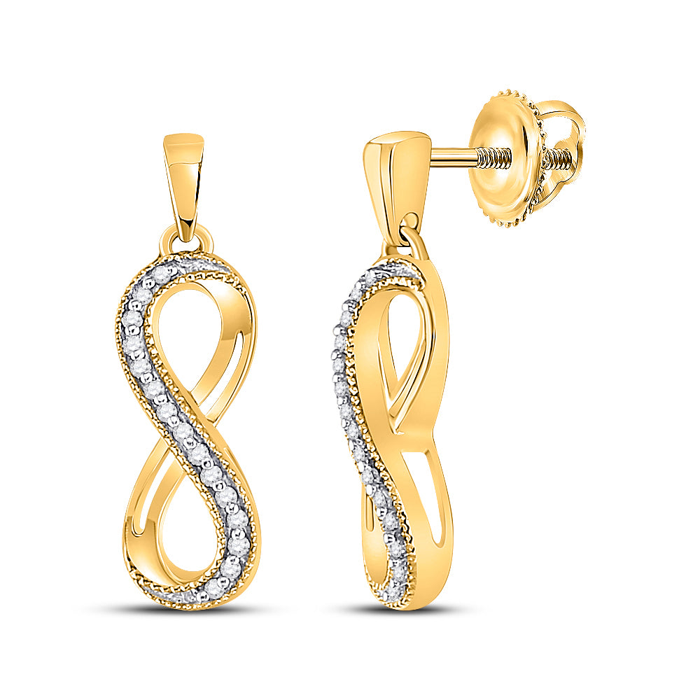 10K Yellow Gold Womens Round Diamond Infinity Dangle Earrings 1/10 Cttw